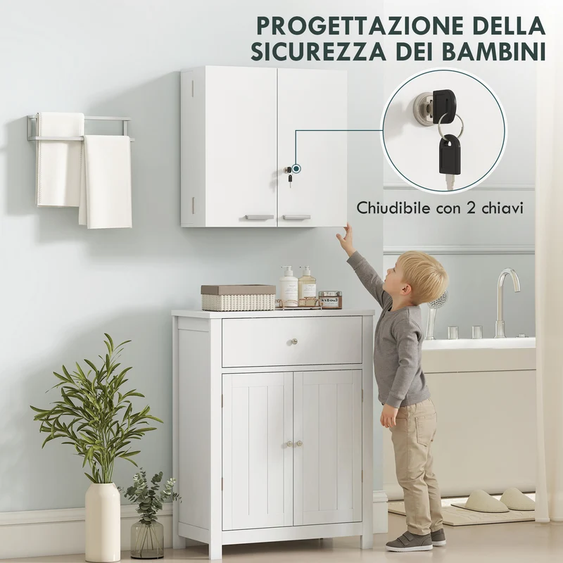 Armadietto Medicinali 53x20x53 cm con 3 Mensole Interne e 8 Portabottiglie in Legno e Metallo Bianco