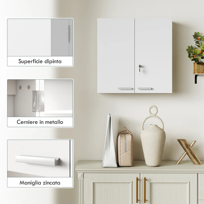 Armadietto Medicinali 53x20x53 cm con 3 Mensole Interne e 8 Portabottiglie in Legno e Metallo Bianco