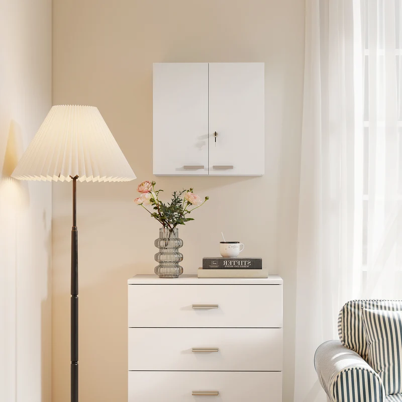 Armadietto Medicinali 53x20x53 cm con 3 Mensole Interne e 8 Portabottiglie in Legno e Metallo Bianco