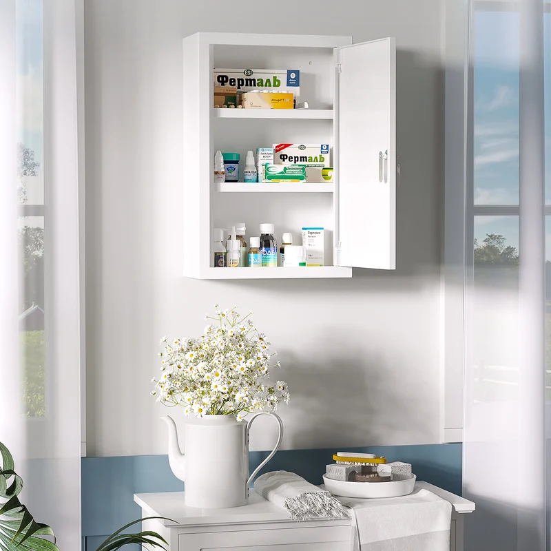 Armadietto Medicinali 30x14x46 cm a 3 Ripiani con Serratura e 2 Chiavi in Acciaio Bianco