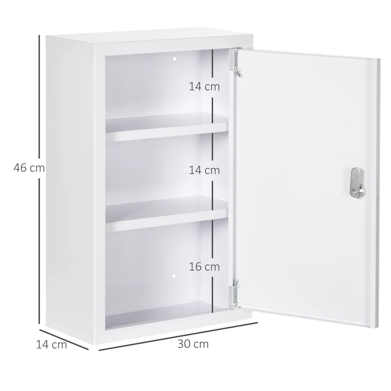 Armadietto Medicinali 30x14x46 cm a 3 Ripiani con Serratura e 2 Chiavi in Acciaio Bianco