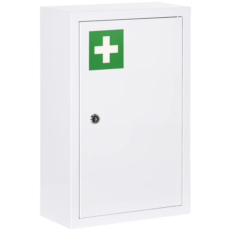 Armadietto Medicinali 30x14x46 cm a 3 Ripiani con Serratura e 2 Chiavi in Acciaio Bianco
