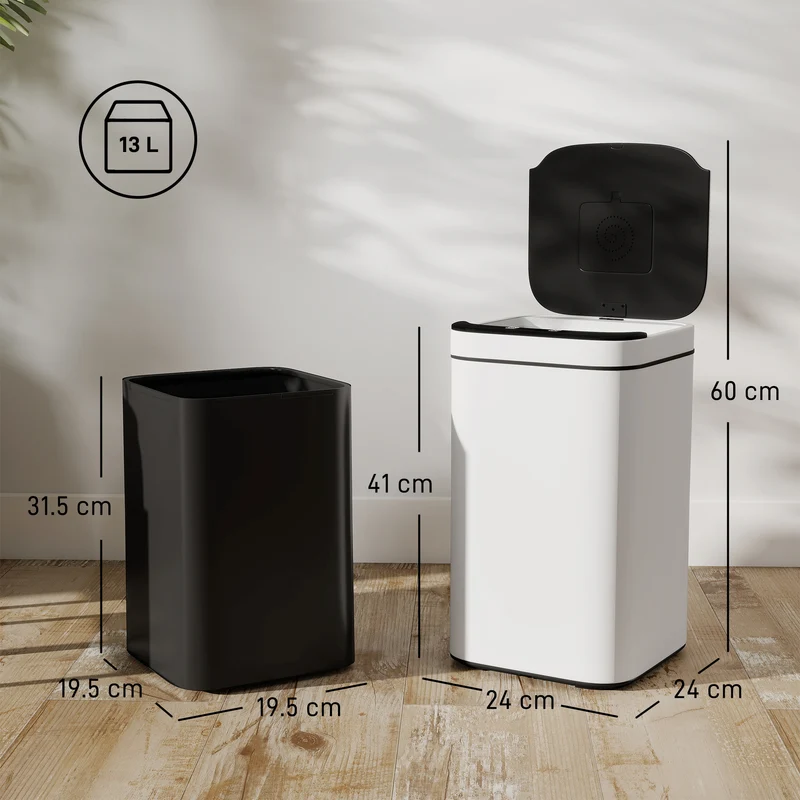Pattumiera da 13L con Sensore e Spazio per Deodoranti 24x24x41 cm in Acciaio e PP Bianco e Nero