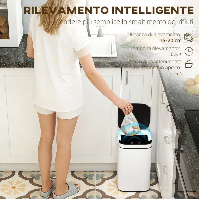 Pattumiera da 13L con Sensore e Spazio per Deodoranti 24x24x41 cm in Acciaio e PP Bianco e Nero