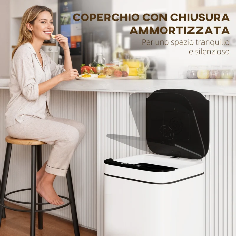 Pattumiera da 13L con Sensore e Spazio per Deodoranti 24x24x41 cm in Acciaio e PP Bianco e Nero