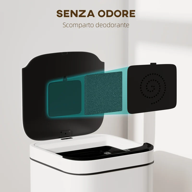 Pattumiera da 13L con Sensore e Spazio per Deodoranti 24x24x41 cm in Acciaio e PP Bianco e Nero