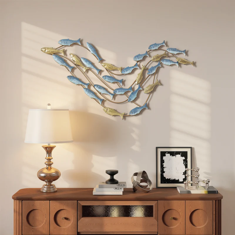 Wall Art Banco di Pesci 99,7x3,8x50,2 cm in Metallo con Viti Incluse Oro e Blu