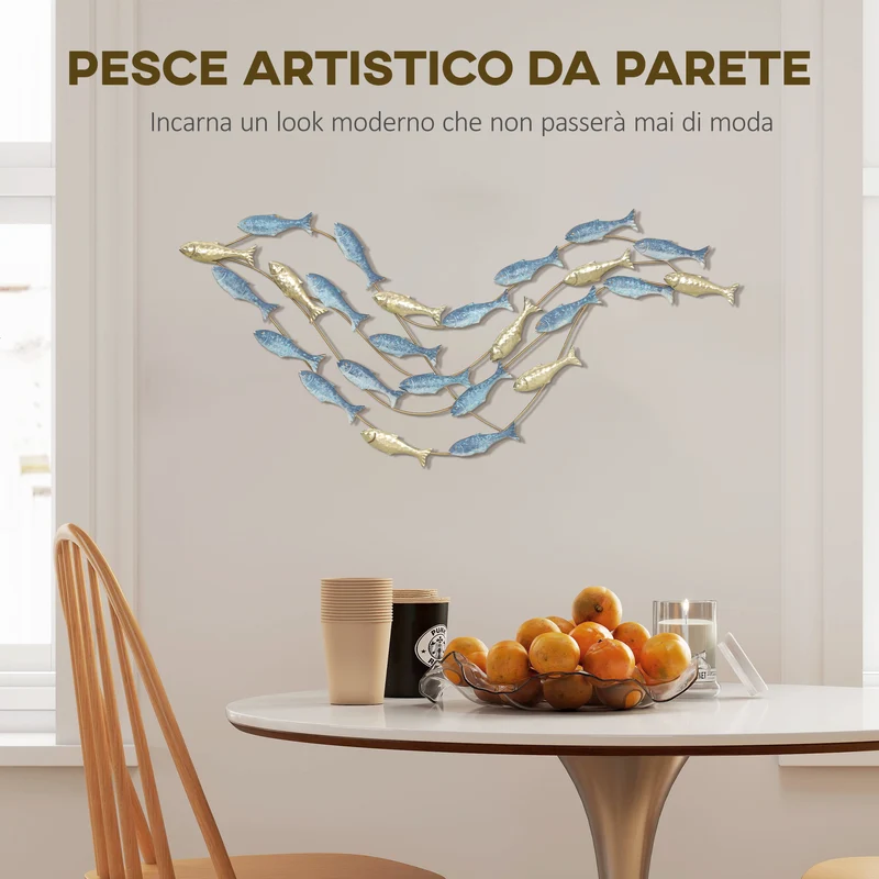 Wall Art Banco di Pesci 99,7x3,8x50,2 cm in Metallo con Viti Incluse Oro e Blu