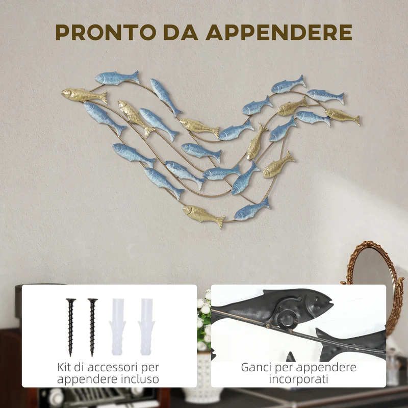 Wall Art Banco di Pesci 99,7x3,8x50,2 cm in Metallo con Viti Incluse Oro e Blu