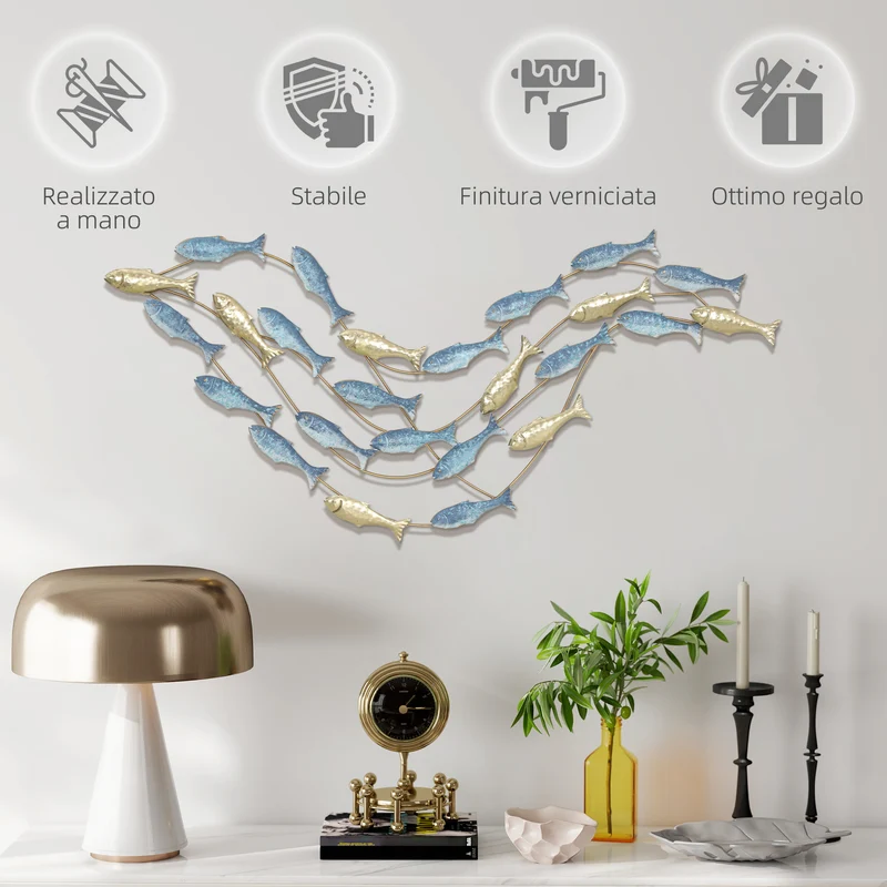 Wall Art Banco di Pesci 99,7x3,8x50,2 cm in Metallo con Viti Incluse Oro e Blu