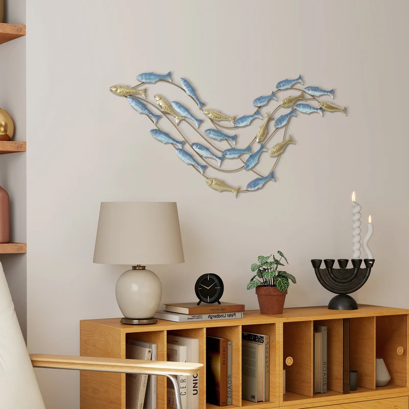Wall Art Banco di Pesci 99,7x3,8x50,2 cm in Metallo con Viti Incluse Oro e Blu