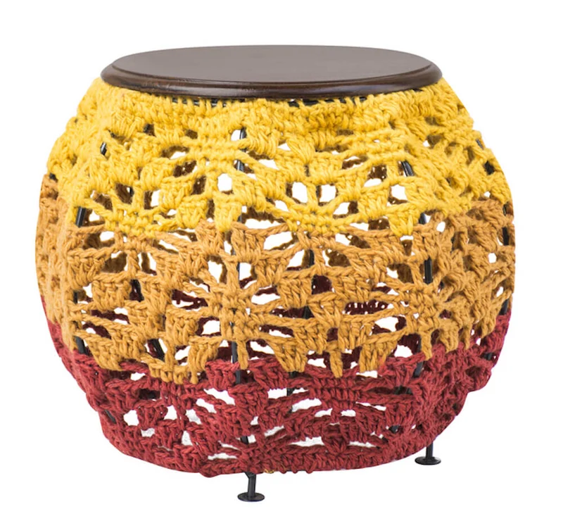 Pouf Etnico in Metallo e Legno Muticolor