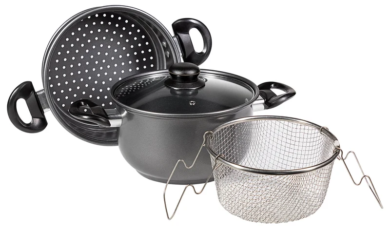 Batteria di Pentole 4 Pezzi in Alluminio Pressofuso Antiaderente Collection Set Friggi Vapo Grigio