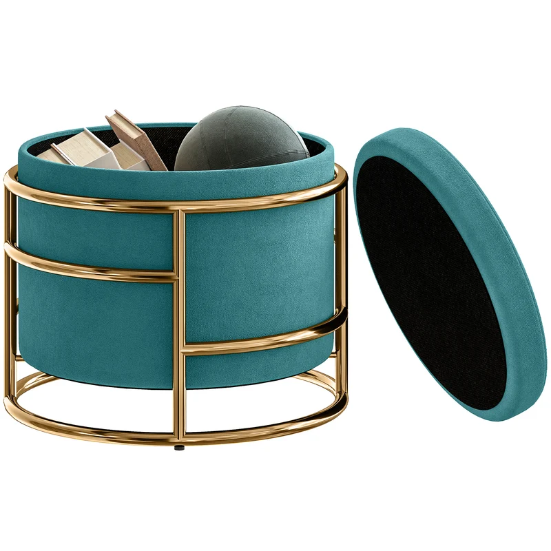 Pouf Contenitore Rotondo Ø42x39 cm in Tessuto Effetto Velluto Verde