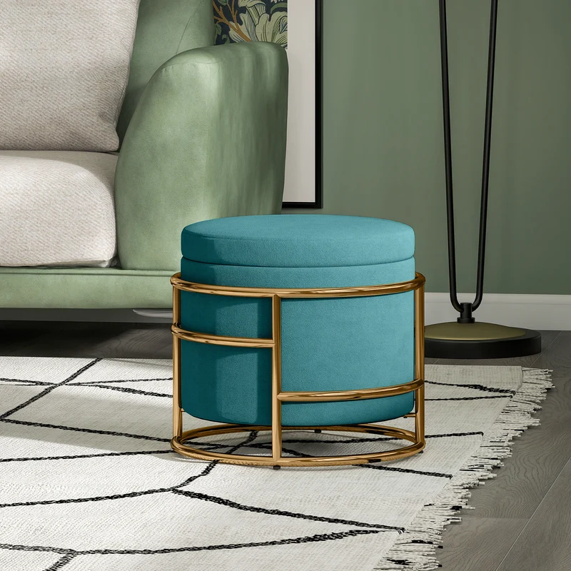 Pouf Contenitore Rotondo Ø42x39 cm in Tessuto Effetto Velluto Verde