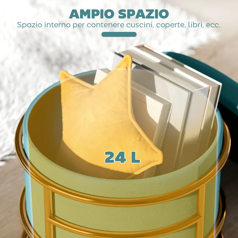 Pouf Contenitore Rotondo Ø42x39 cm in Tessuto Effetto Velluto Verde