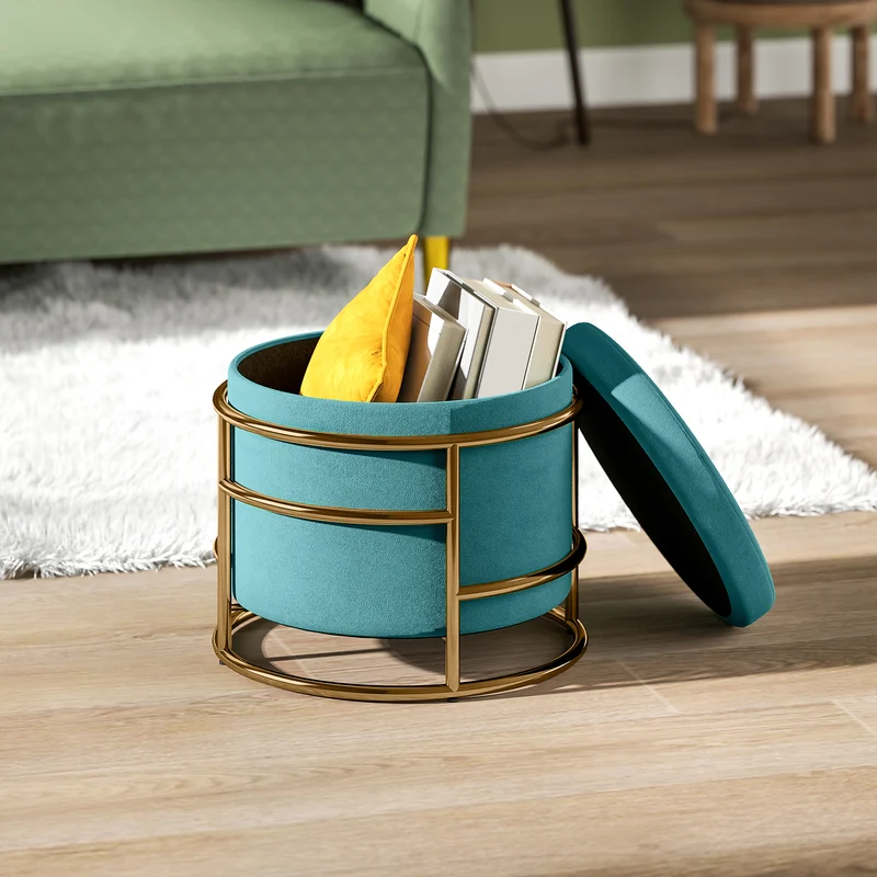 Pouf Contenitore Rotondo Ø42x39 cm in Tessuto Effetto Velluto Verde
