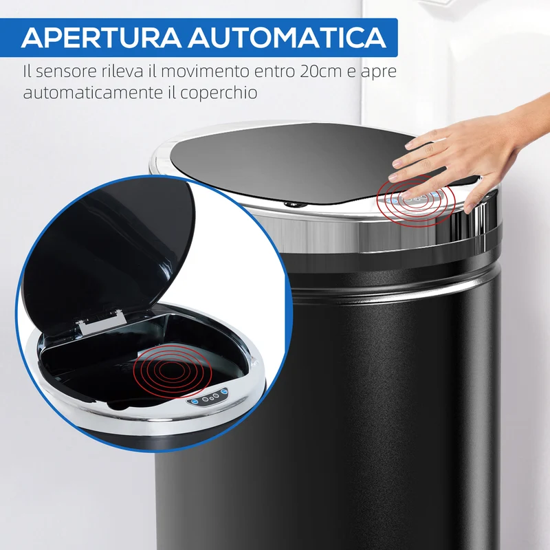 Pattumiera Automatica da 42L con Sensore a Infrarossi 30.5x30.5x68 cm in Acciaio e Plastica Nero