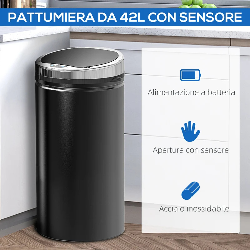 Pattumiera Automatica da 42L con Sensore a Infrarossi 30.5x30.5x68 cm in Acciaio e Plastica Nero