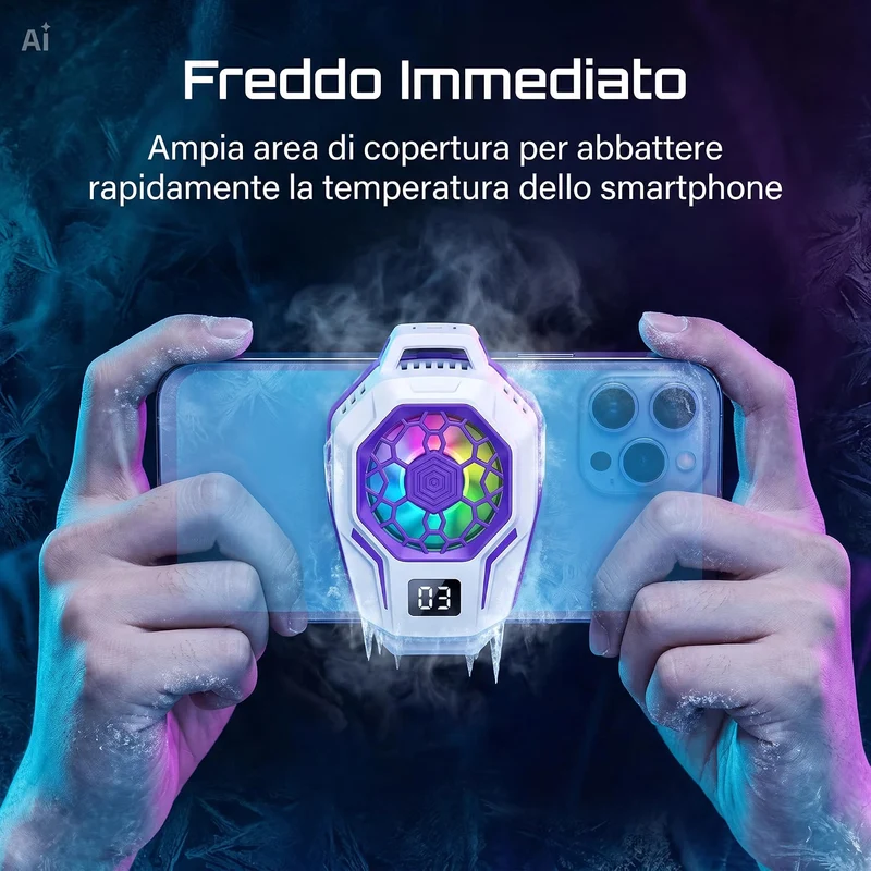 Ventola raffreddamento telefono cellulare con Cella di Peltier - Display Digitale – 3 Velocità per Gaming, Clip Universale e Sistema Magnetico – Per iOS e Android