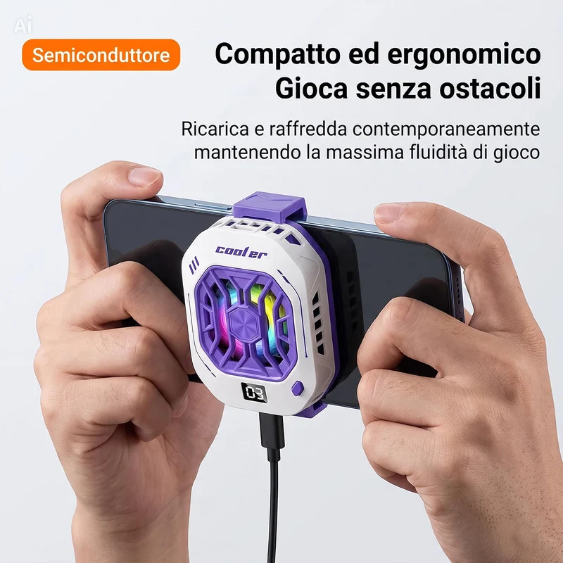 Ventola raffreddamento telefono cellulare con Cella di Peltier - Display Digitale – 3 Velocità per Gaming, Clip Universale e Sistema Magnetico – Per iOS e Android
