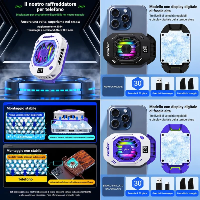 Ventola raffreddamento telefono cellulare con Cella di Peltier - Display Digitale – 3 Velocità per Gaming, Clip Universale e Sistema Magnetico – Per iOS e Android