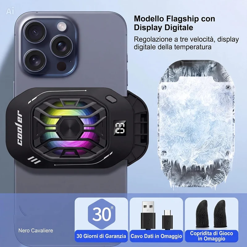 Ventola raffreddamento telefono cellulare con Cella di Peltier - Display Digitale – 3 Velocità per Gaming, Clip Universale e Sistema Magnetico – Per iOS e Android