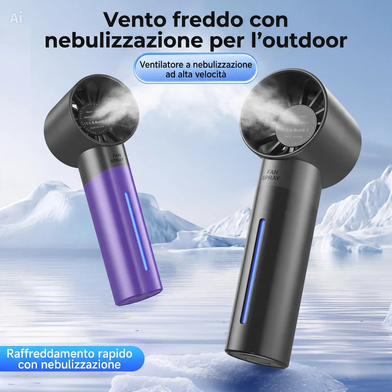 (G106)Mini Ventilatore Portatile con Nebulizzatore e Umidificatore – Raffrescatore USB Ricaricabile con 5 Velocità Touch, Design Compatto e Leggero (150g) – Ideale per Ufficio, Auto, Casa e Outdoor