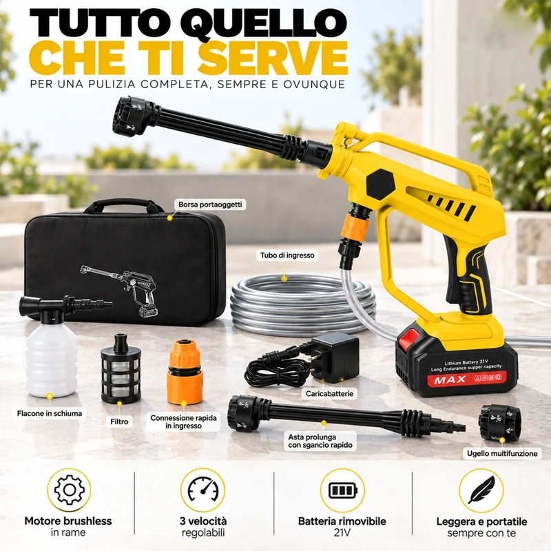 Idropulitrice Professionale 350W 30Bar Borsa Trasporto e Accessori e 3 Velocità