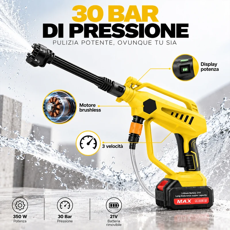 Idropulitrice Professionale 350W 30Bar Borsa Trasporto e Accessori e 3 Velocità