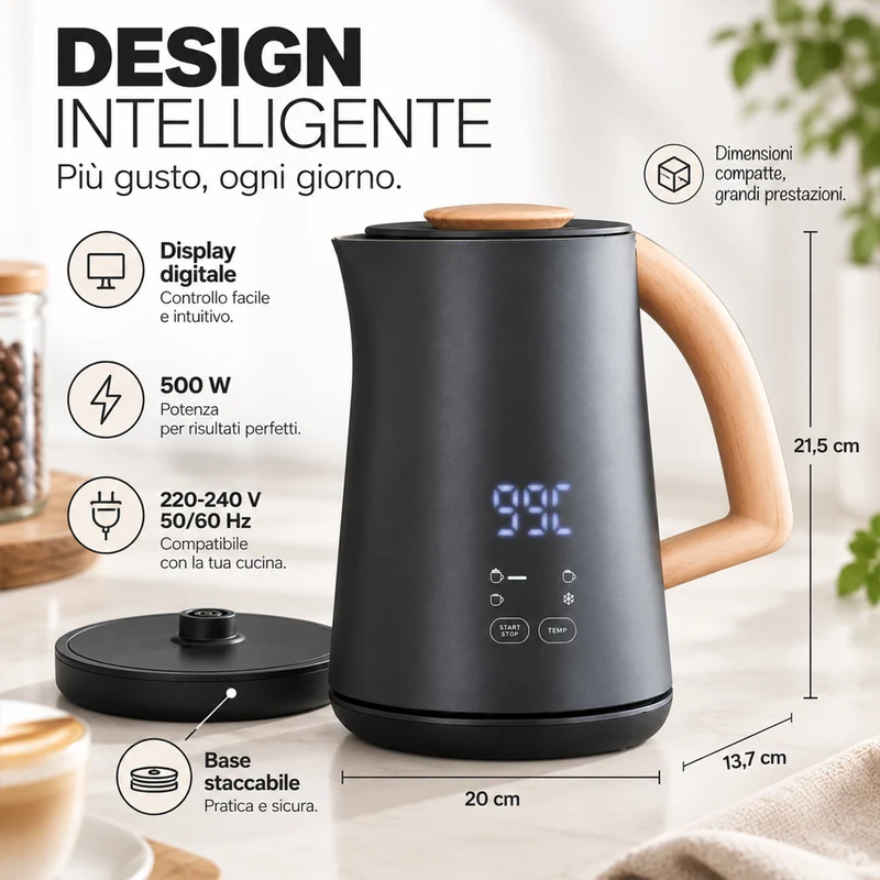 Cappuccinatore Montalatte Nero 500W Riscalda Latte Schiumatore Base Staccabile