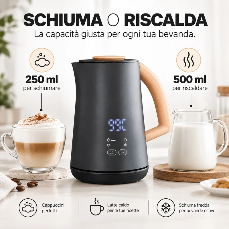 Cappuccinatore Montalatte Nero 500W Riscalda Latte Schiumatore Base Staccabile
