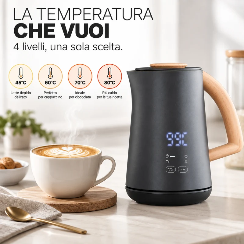 Cappuccinatore Montalatte Nero 500W Riscalda Latte Schiumatore Base Staccabile
