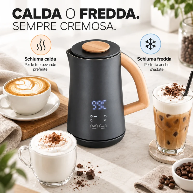 Cappuccinatore Montalatte Nero 500W Riscalda Latte Schiumatore Base Staccabile
