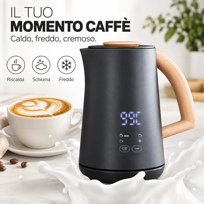 Cappuccinatore Montalatte Nero 500W Riscalda Latte Schiumatore Base Staccabile