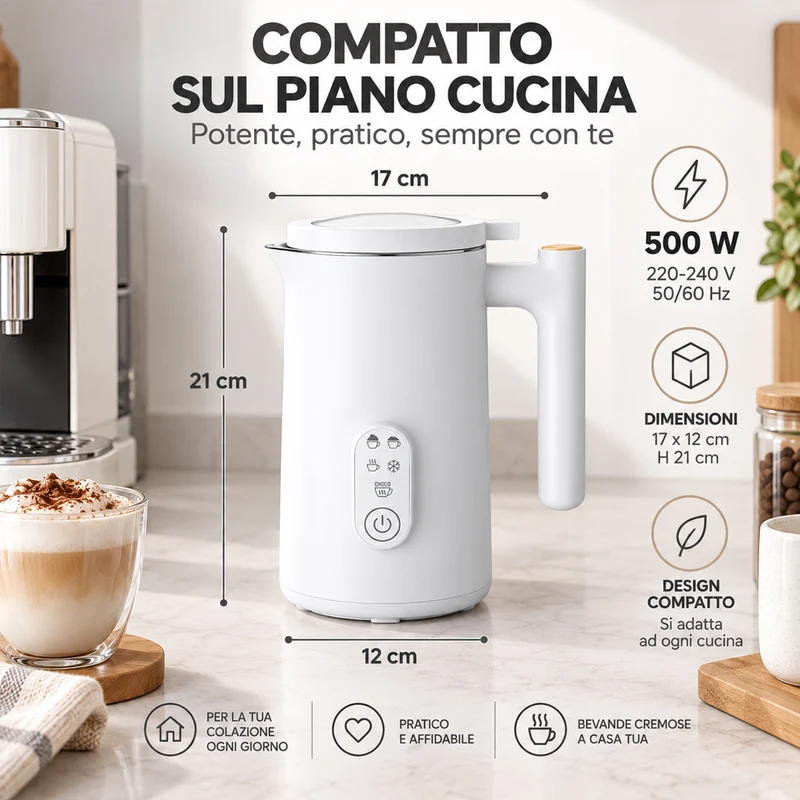 Montalatte Bianco 500W Cappuccinatore Schiumatore per Latte Caldo e Cappuccino