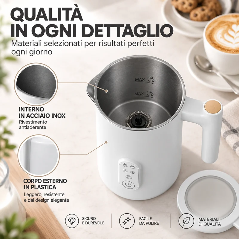 Montalatte Bianco 500W Cappuccinatore Schiumatore per Latte Caldo e Cappuccino