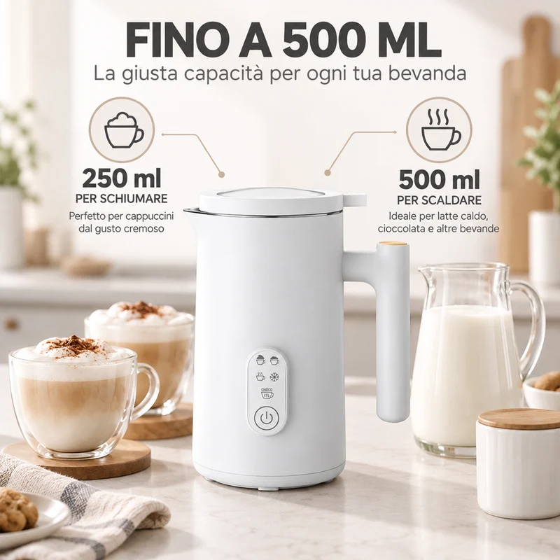 Montalatte Bianco 500W Cappuccinatore Schiumatore per Latte Caldo e Cappuccino