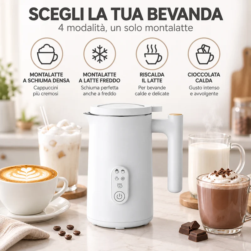 Montalatte Bianco 500W Cappuccinatore Schiumatore per Latte Caldo e Cappuccino
