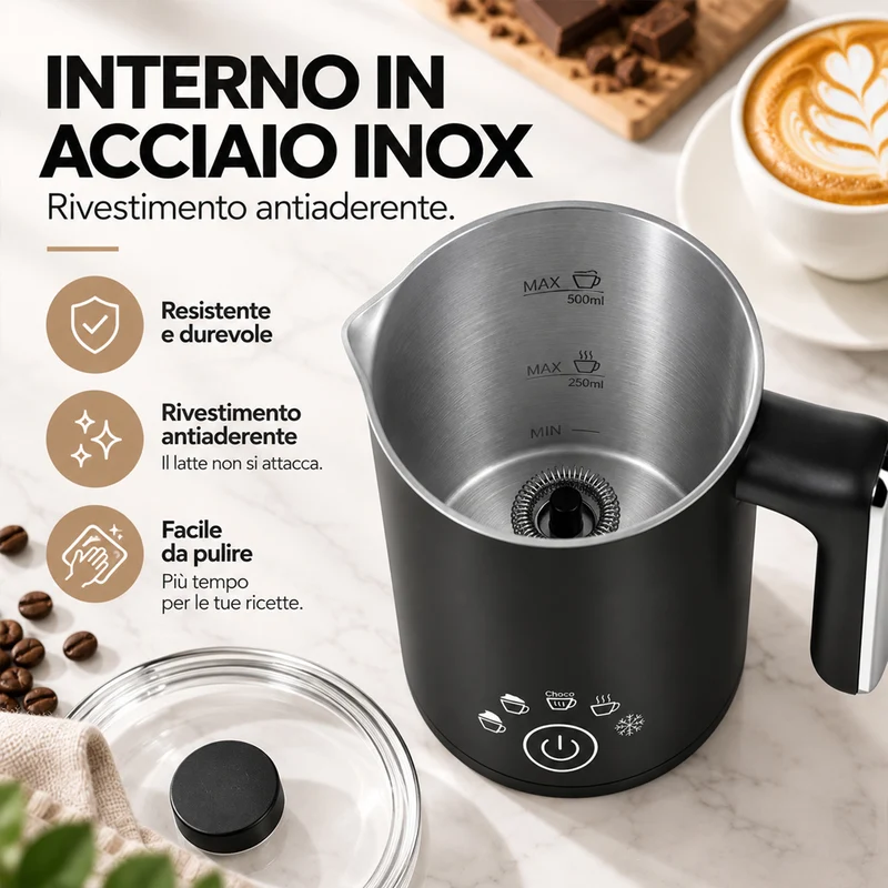 Montalatte Nero 500W Cappuccinatore Schiumatore per Latte Caldo e Cappuccino