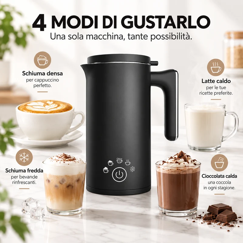 Montalatte Nero 500W Cappuccinatore Schiumatore per Latte Caldo e Cappuccino