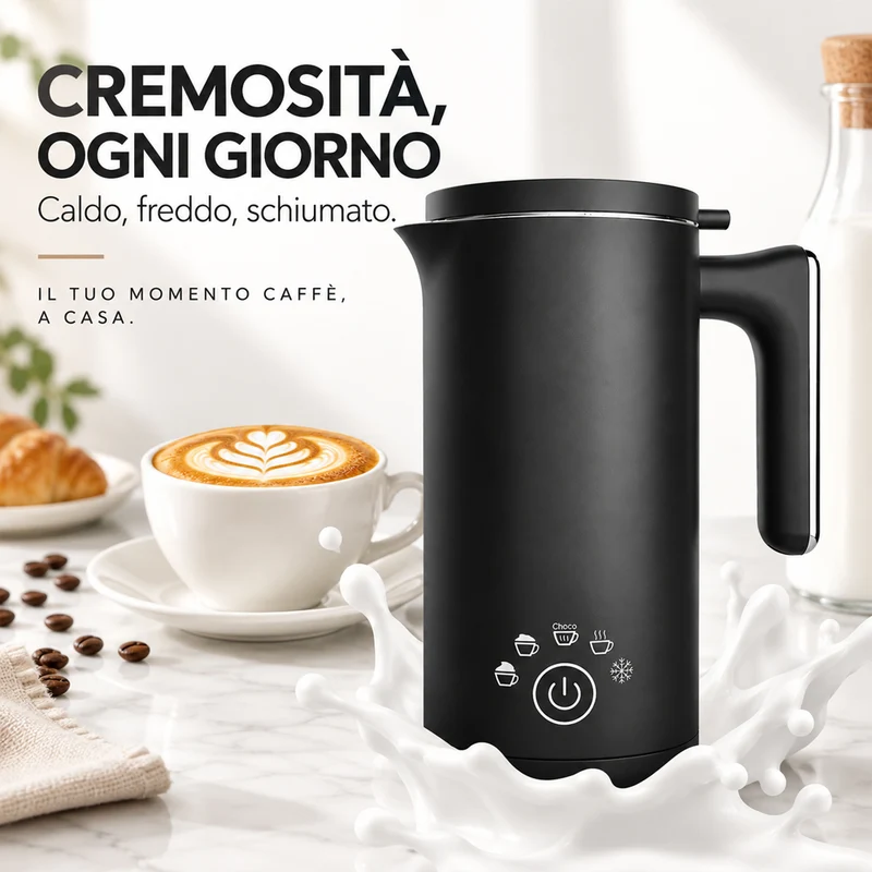 Montalatte Nero 500W Cappuccinatore Schiumatore per Latte Caldo e Cappuccino