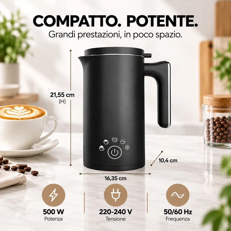 Montalatte Nero 500W Cappuccinatore Schiumatore per Latte Caldo e Cappuccino