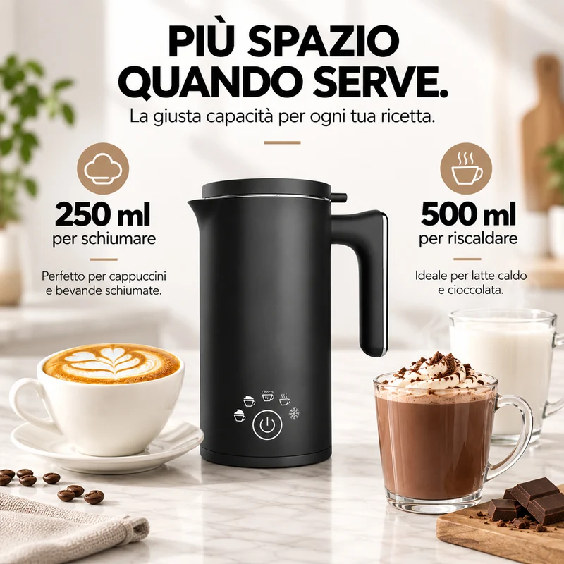 Montalatte Nero 500W Cappuccinatore Schiumatore per Latte Caldo e Cappuccino