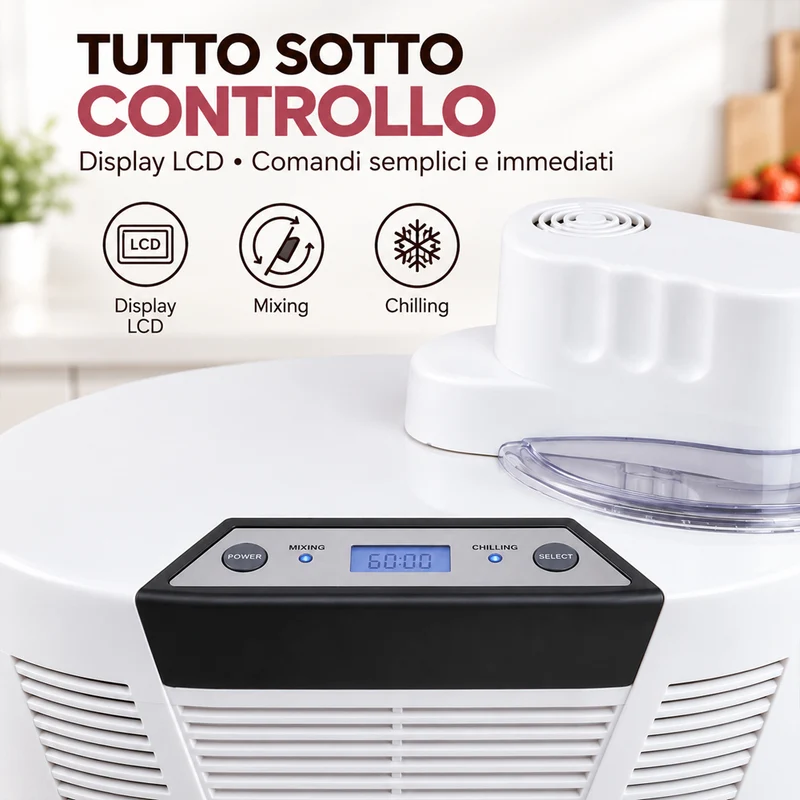 Gelatiera Con Compressore Display LCD 150W Capacita' 1 Litro Sorbetti Yogurt DCG