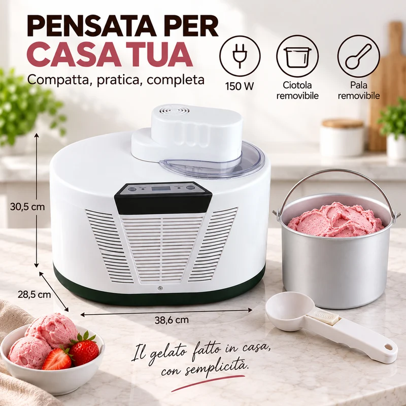 Gelatiera Con Compressore Display LCD 150W Capacita' 1 Litro Sorbetti Yogurt DCG