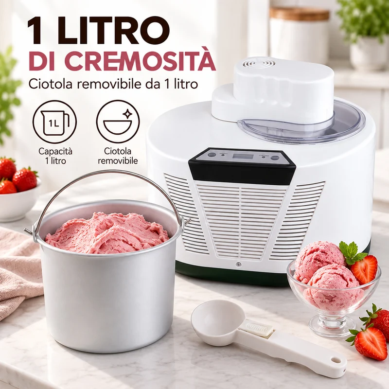 Gelatiera Con Compressore Display LCD 150W Capacita' 1 Litro Sorbetti Yogurt DCG