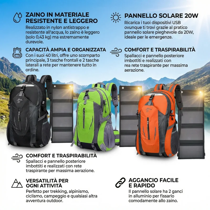 ( Z1 )Zaino con Pannello Solare 20W USB 5V Zaino Trekking 40 Litri Impermeabile per Escursionismo, Ciclismo, Moto, Travel Unisex Adulto (Nero)