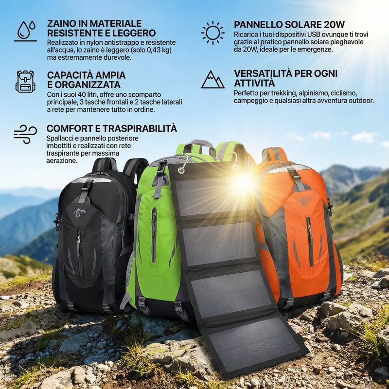 ( Z1 )Zaino con Pannello Solare 20W USB 5V Zaino Trekking 40 Litri Impermeabile per Escursionismo, Ciclismo, Moto, Travel Unisex Adulto (Nero)