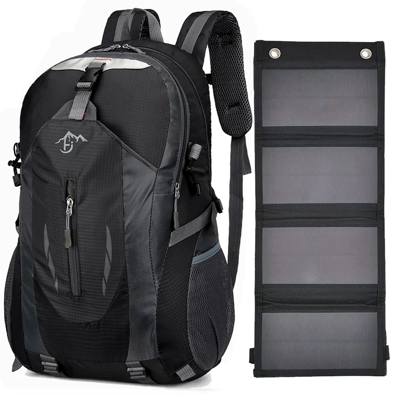 ( Z1 )Zaino con Pannello Solare 20W USB 5V Zaino Trekking 40 Litri Impermeabile per Escursionismo, Ciclismo, Moto, Travel Unisex Adulto (Nero)